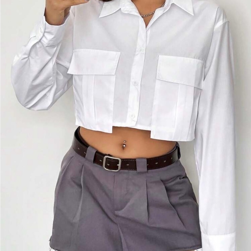 White Cropped Button-Up Shirt